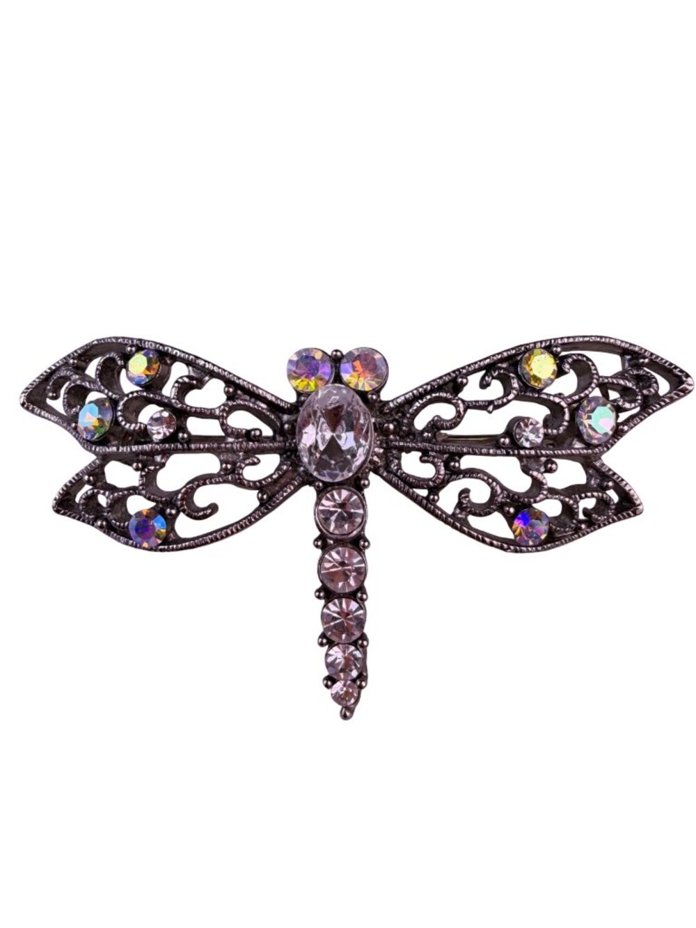 Vintage Silver Tone Dragonfly Brooch With Marcasite & Aurora Borealis Stones
